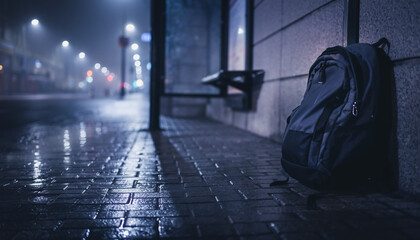 Backpack at Rainy Urban Bus Stop at Night