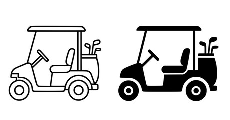 Minimalist golf cart icon, black and white, in outline and silhouette design style © Nurhalimah