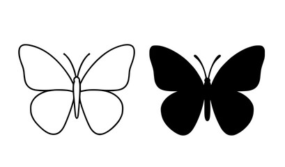 Minimalist butterfly icon, black and white, in outline and silhouette design style © Nurhalimah