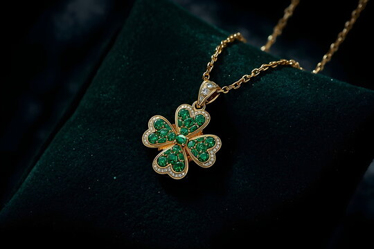 Luxury 18k gold clover pendant necklace with emeralds and diamonds on green velvet