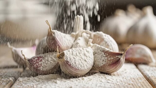 Close up of fresh garlic cloves being sprinkled with flour on a rustic wooden table slow motion macro shot preparing ingredients for cooking.