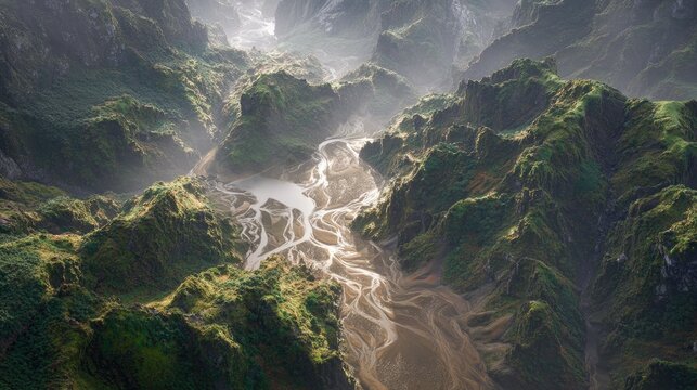 flocculation. Aerial view of small streams converging into a wide river in a canyon. travel magazines, destination branding, designed for outdoor magazines and nature guides.