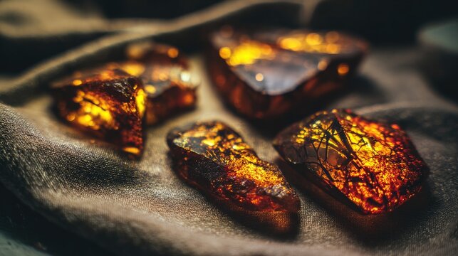 copal. Several raw amber copal resin pieces on black velvet with ancient inclusions. gardening catalogs, home-decor guides, designed for home decor and floral branding, used by video editors.
