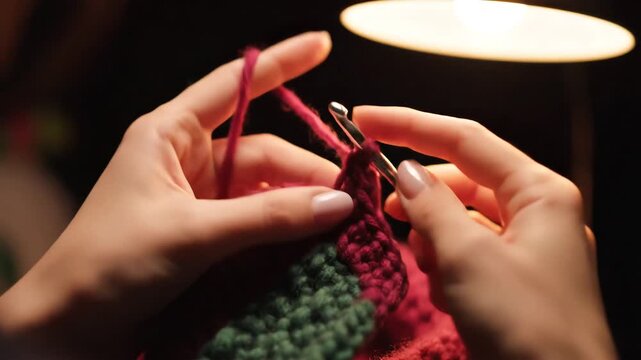 Closeup of hands crocheting with pink yarn and a crochet hook creating a textured fabric with red and green colors under warm artificial light showcasing a hobby and craft activity.