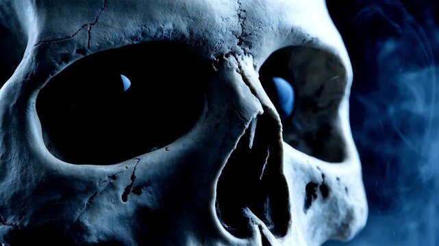 Ancient human skull close up with blue dramatic light and wisps of smoke