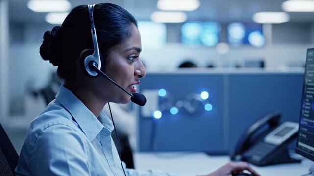 Customer service representative working at call center with computer and headset