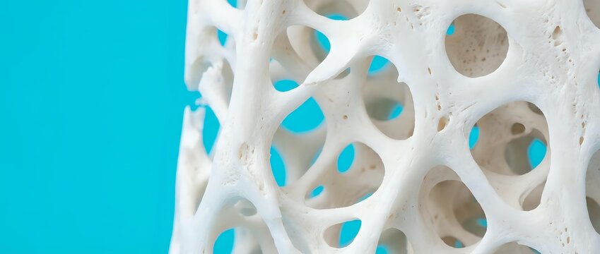 Close-up of white porous bone structure with organic holes and cavities against bright turquoise background for medical education and healthcare concepts.