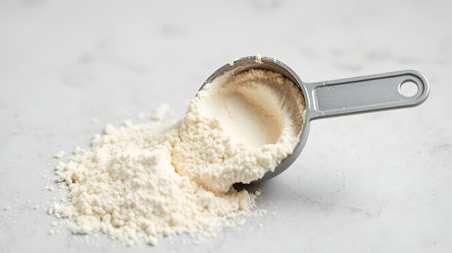 protein powder spills in cup from measure scoop.  whey sports nutrition. dry mixture