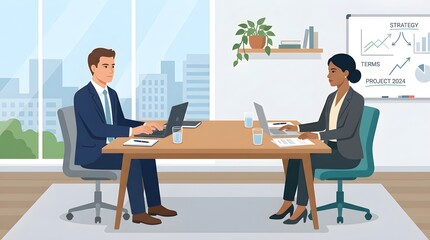 Obraz premium Meeting in a Modern Office: A dynamic meeting unfolds between two professionals in a contemporary office setting, immersed in their work at laptops, against the backdrop of a bright cityscape.
