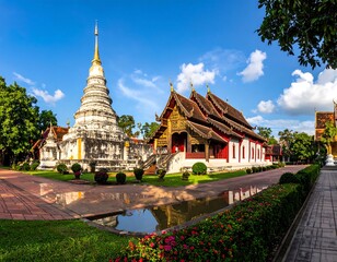 Obraz premium Panoramic view of a traditional temple complex with a tall white stupa and red-roofed building