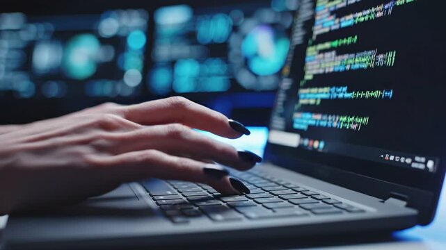 Close up of hands typing on laptop keyboard with coding screens in background developer workspace