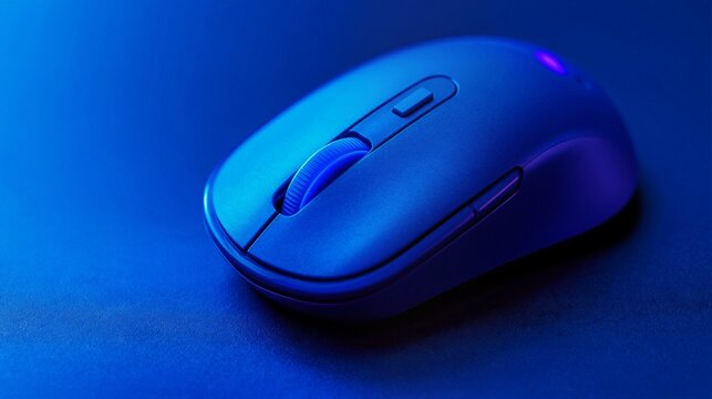 Closeup of a blue optical computer mouse, clean composition ample negative space