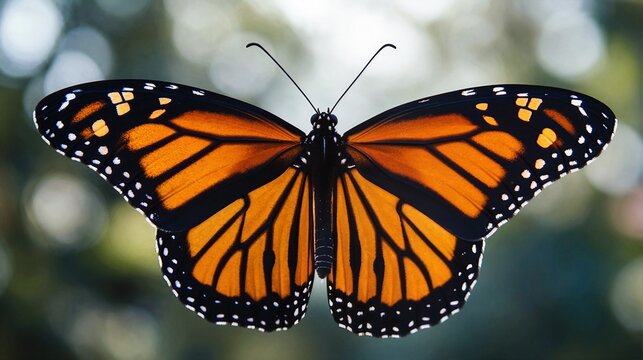 Closeup of a monarch butterfly wings open, clean composition ample negative space