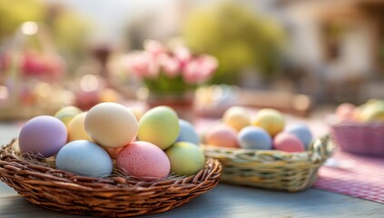Colorful Easter eggs in woven baskets, surrounded by flowers and a soft-focus background, create a festive and cheerful atmosphere for spring celebrations.