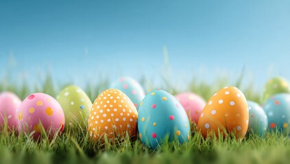 Fototapeta premium Colorful Easter eggs are placed on vibrant green grass under a bright blue sky, creating a cheerful and festive atmosphere.