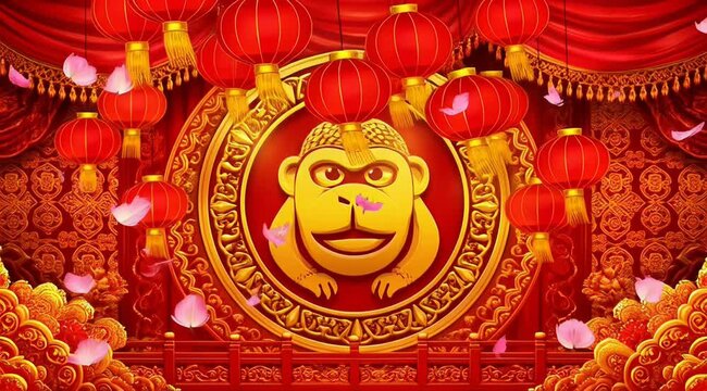 Golden Monkey Head Amulet with Red Lanterns and Cherry Blossoms on Festive Background 2