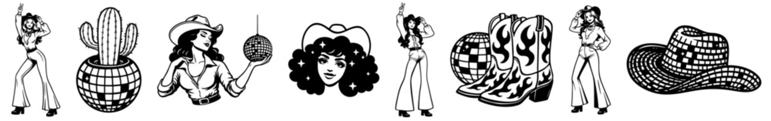 Disco Cowgirl party, western glam 70s aesthetic with cowboy boots, hat, disco ball, cactus and retro cowgirl girls, rodeo night western party vibe collection