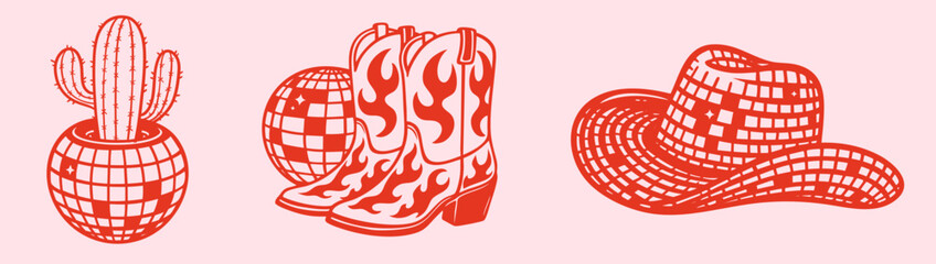 Western Disco Party, Cowboy Hat, Rodeo Boots and Cactus in Disco Ball, Retro 70s Country Glam