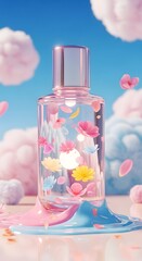 Aesthetic Perfume Bottle with Floating Flowers and Cotton Candy Clouds.