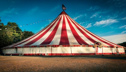 worn circus tent top faded red and white stripes dramatic lighting