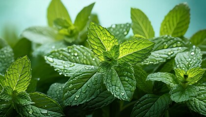 close up of fresh mint leaves covered in water droplets