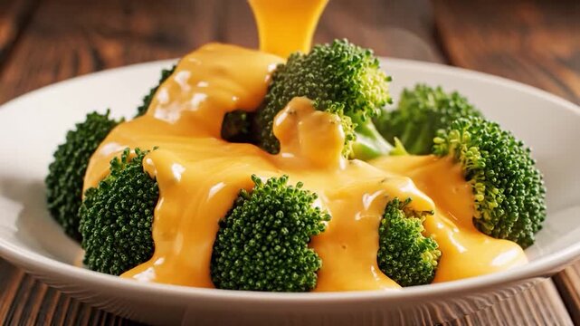 Delicious steamed broccoli florets being generously covered with rich creamy