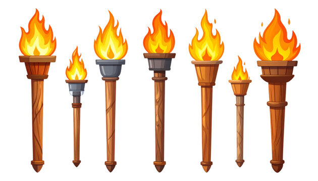 Ancient torches lit with vibrant flames in a row against a neutral background isolated on transparent background