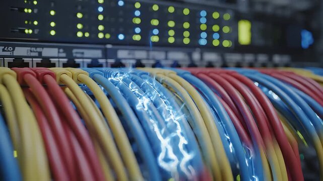 glowing,Network cables connected to server rack