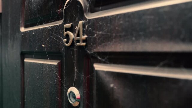 Abandoned Apartment Door with Number 54 Covered in Dust and Cobwebs | Old Dark Metal Door with Peephole | Neglected Residential Entrance Close-Up Cinematic Shot
