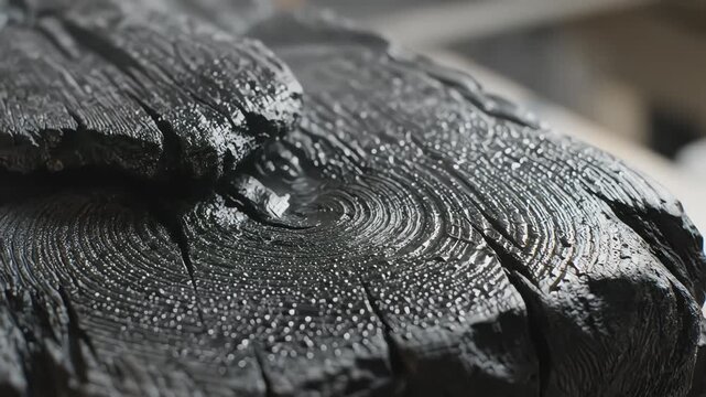 Close up of steaming charred wood texture with water droplets on black carbonized surface showing tree rings