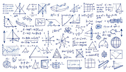 Fototapeta premium Intricate chalkboard diagram illustrating complex mathematical and physical equations isolated on transparent background