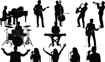 Silhouettes of professional musicians and singers performing with instruments including piano drums guitar saxophone and trumpet isolated on white background for live music concert concept © Abida