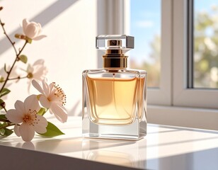 Close-up of a perfume bottle with pink flowers on a sunny windowsill with warm natural light.