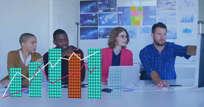 Business team around table, second pointing causing stacked bars and trend lines growing for review