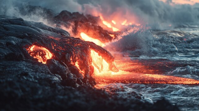 meson. Lava meeting ocean, forming black volcanic rock with rising steam at sunset. inspiring travel planning, travel magazines, designed for travel destination branding, used by nutritionists.