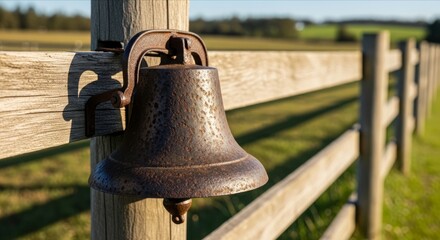 Fototapeta premium Rustic Farm Bell Hanging on Fence Post in Serene Countryside
