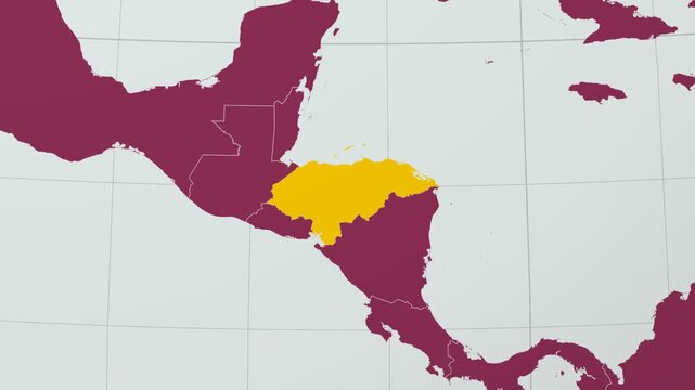 Honduras map. Animated zoom into the country on the Globe in Pale Mint Dark Pink color palette. Country logo animation with round text and airplanes. Map with meridians, parallels. Beautiful video.