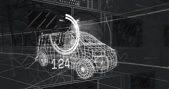Wireframe van in diag HUD appearing gauge sweeping clockwise value rising flare pulsing for scan