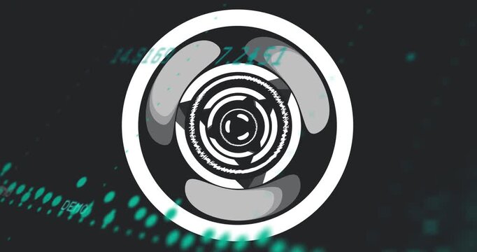 Teal stream entering upper-left, sweeping rings, circular graphic rotating, showing data flow