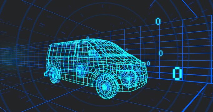 Cyan wireframe van sitting centered in dark grid tunnel, loop starting markers pulsing to show data