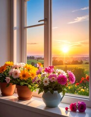 Fototapeta premium View through a window of colorful flowers in pots, overlooking a vibrant sunset