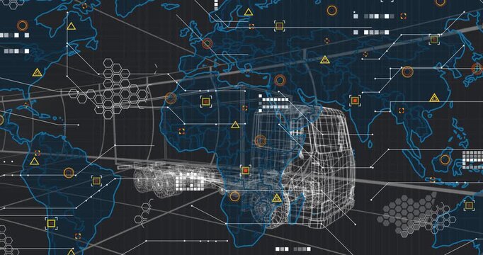 Map contours appearing, wireframe truck rotating, HUD filling and syncing global routes