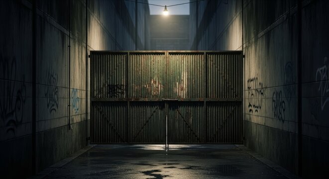 Dark Alley with Metal Gate and Graffiti at Nighttime