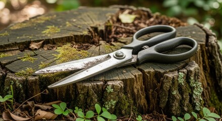 Obraz premium Scissors Placed on a Weathered Tree Stump in a Natural Setting
