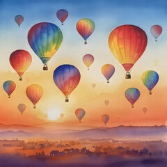 Fototapeta premium Colorful Hot Air Balloons Over a Misty Valley at Sunset