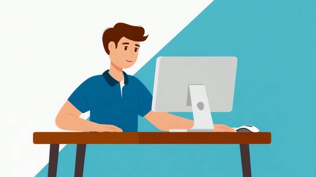 Man Working at Desktop Computer Animation Loop Modern Office Scene