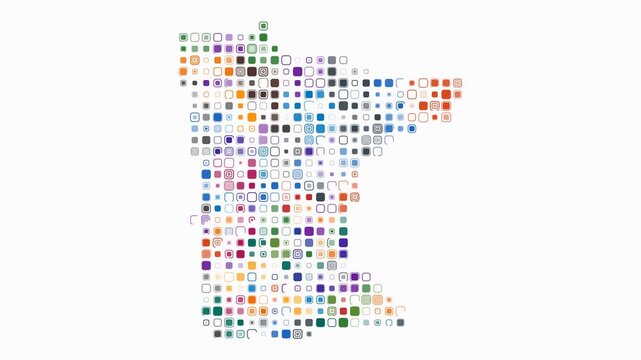 Minnesota animated shape. Pulsating colored dots on the map of the state. Large size rounded square blocks. Digital style Minnesota map on white background. Stylish animation video.