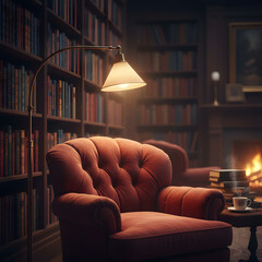 Fototapeta premium Cozy Library Armchair by Firelight