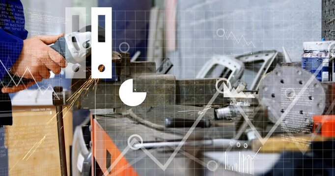 Grinder disc touching metal sparking while hands grinding and UI overlays showing metrics