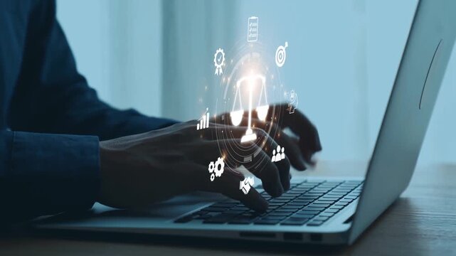 Futuristic digital law interface displaying justice scale, highlighting digital law, AI compliance, digital law systems, and digital law regulations for secure governance. Elide